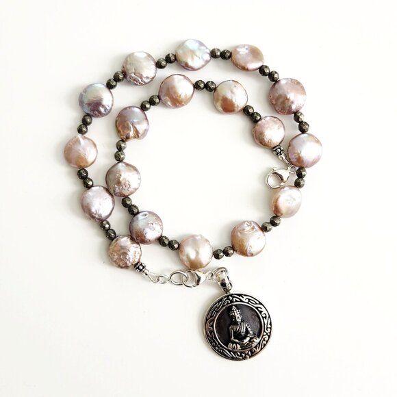 LAVENDAR BAROQUE PEARL NECKLACE W/ SITTING BUDDHA PENDANT - Picture 1 of 4